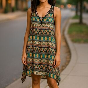 Mlle‎ Gabrielle Plus Size 1X-Sleeveless Aztec V-NECK Dress